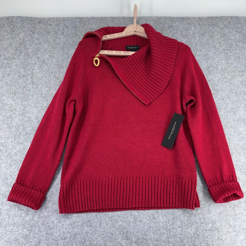 Donna Karan New York Red Asymmetrical Zip Collar Wool Blend Sweater NWT Small